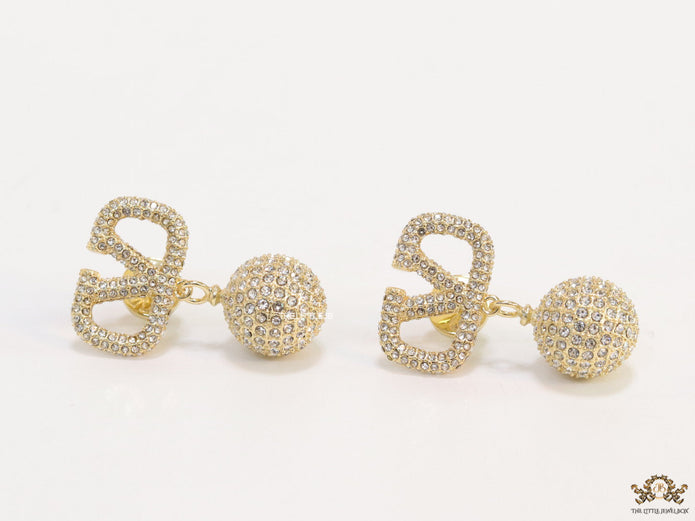 Gold plated cz alphabet v earring with cz ball drops
