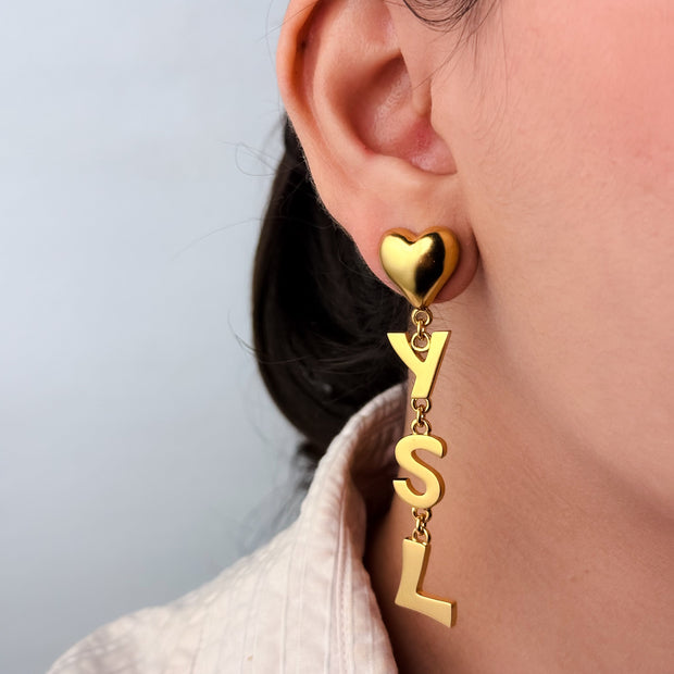 Alphabet Y S L Signature Gold Danglers with Heart | Love Fashion Earrings