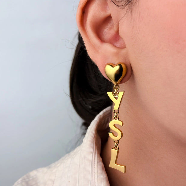 Alphabet Y S L Signature Gold Danglers with Heart | Love Fashion Earrings