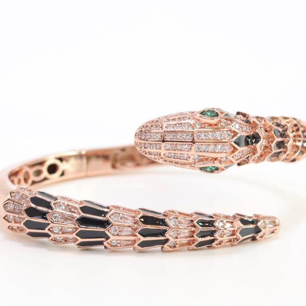 Top open serpentine black enamel bracelet with rose gold plating and cubic zirconia stones