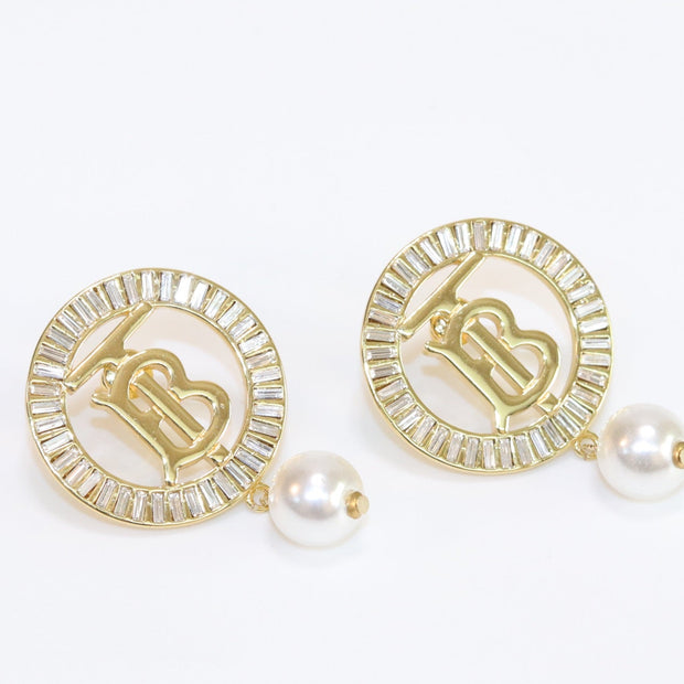 Alphabet B gold circle earrings with pearl and CZ