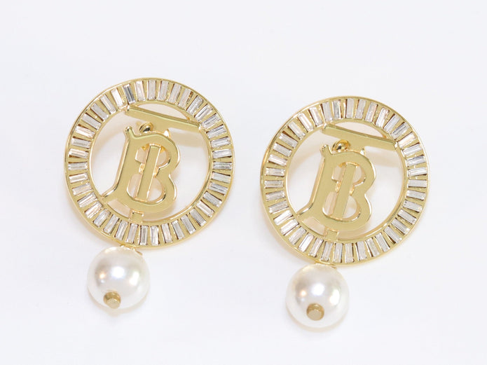 Alphabet B gold circle earrings with pearl and CZ