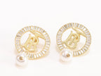 Alphabet B gold circle earrings with pearl and CZ