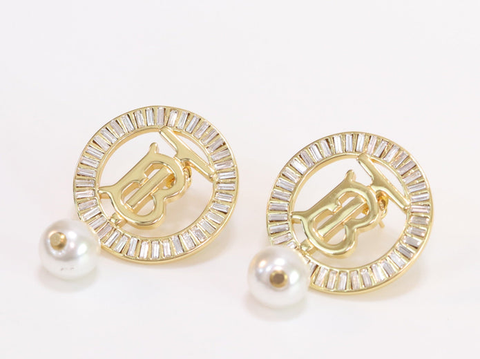 Alphabet B gold circle earrings with pearl and CZ