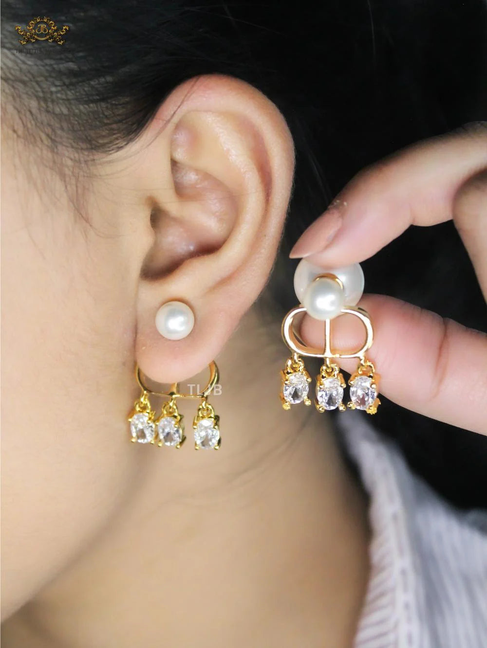 Alphabet C D pearl bomber earrings with cz