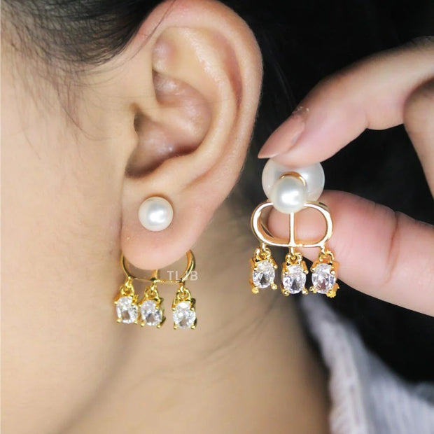 Alphabet C D pearl bomber earrings with cz