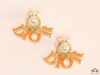 Pearl bomber earrings with golden and orange alphabet drop charms