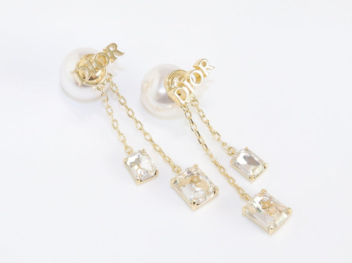 Alphabet C and D dangling pearl studs with CZ