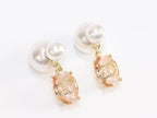 Alphabet C and D dangling baby pink stone pearl studs in rose gold finish