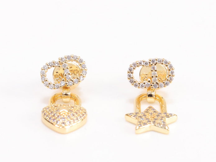 Alphabet C and D lock and star dangling stud in gold finish with cz