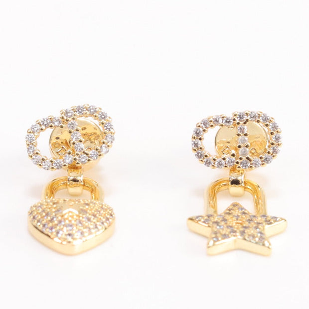 Alphabet C and D lock and star dangling stud in gold finish with cz
