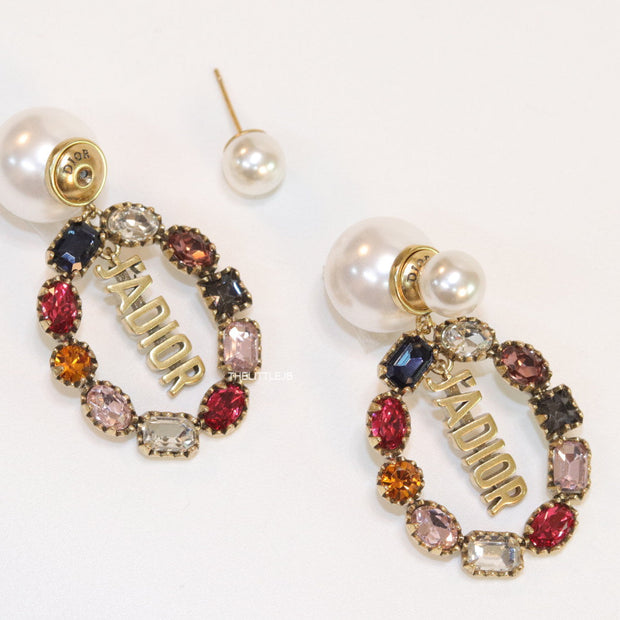 Gold plated pearl bomber earrings with multi cz motif and designer initials