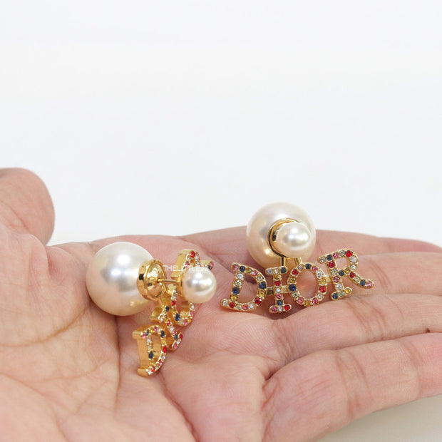 Pearl bomber earrings with golden and multi cz alphabet drop charms