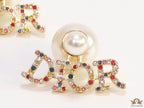 Pearl bomber earrings with golden and multi cz alphabet drop charms