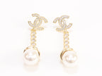 Double C long dangling earrings with pearls in gold finish