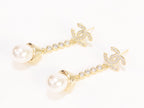 Double C long dangling earrings with pearls in gold finish