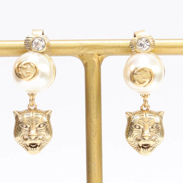 Double G panther pearl dangles in gold finish with CZ