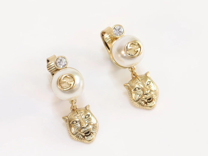 Double G panther pearl dangles in gold finish with CZ