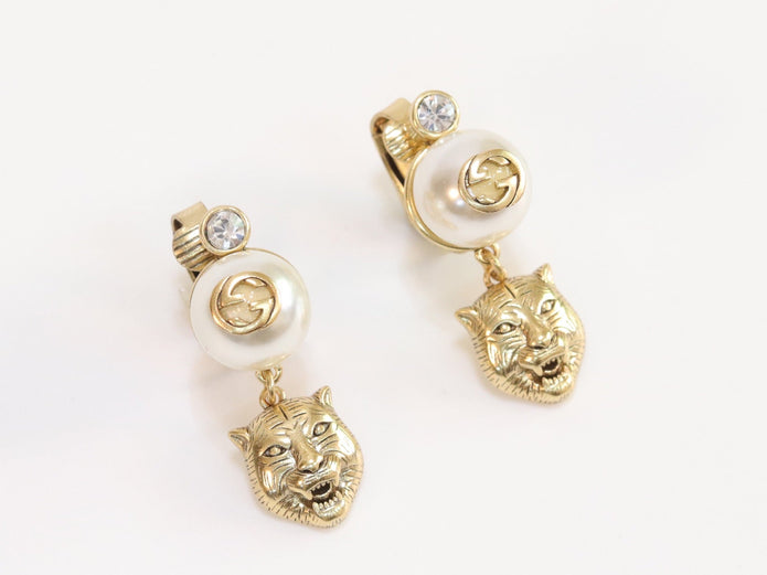 Double G panther pearl dangles in gold finish with CZ