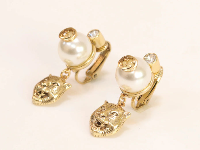 Double G panther pearl dangles in gold finish with CZ