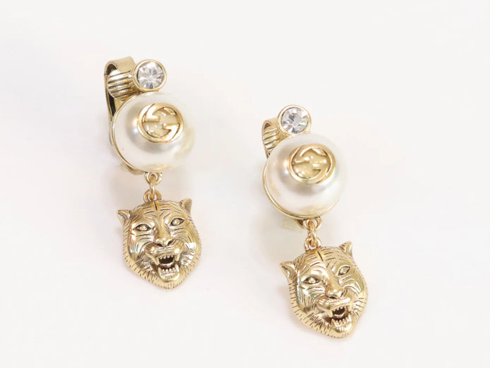 Double G panther pearl dangles in gold finish with CZ