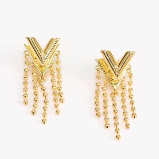 Alphabet v stud with dangles in gold finish