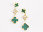 Green and gold cz long flower dangles - MOP / Clover / Malachite Design