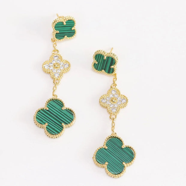 Green and gold cz long flower dangles - MOP / Clover / Malachite Design