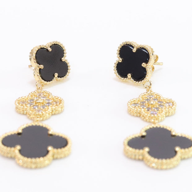 Black and gold cz long flower dangles - MOP / Clover Design