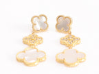 White and gold cz long flower dangles - MOP / clover Design