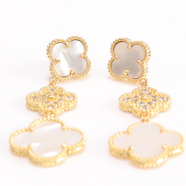 White and gold cz long flower dangles - MOP / clover Design