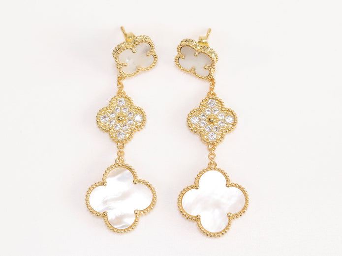 White and gold cz long flower dangles - MOP / clover Design