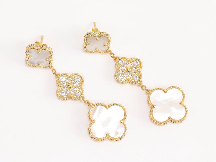 White and gold cz long flower dangles - MOP / clover Design