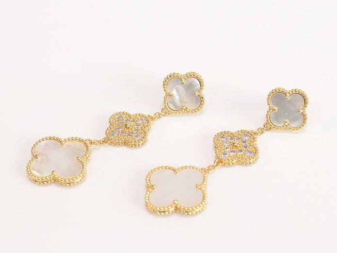 White and gold cz long flower dangles - MOP / clover Design
