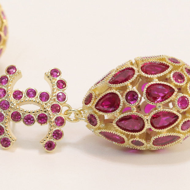 Golden twin C  red cz earrings with fancy cz lobe shape drops