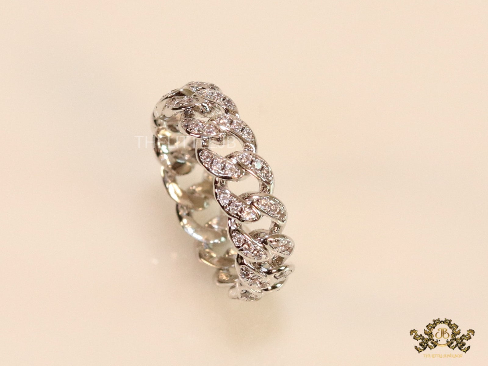CZ link chain ring in platinum finish