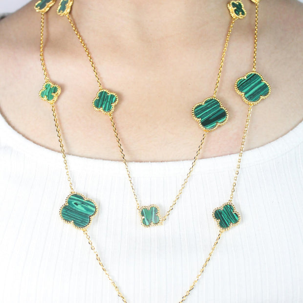 Alphabet VC green malachite clover long chain necklace 48 inches