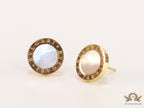 Alphabet inscribed golden stud earrings with MOP