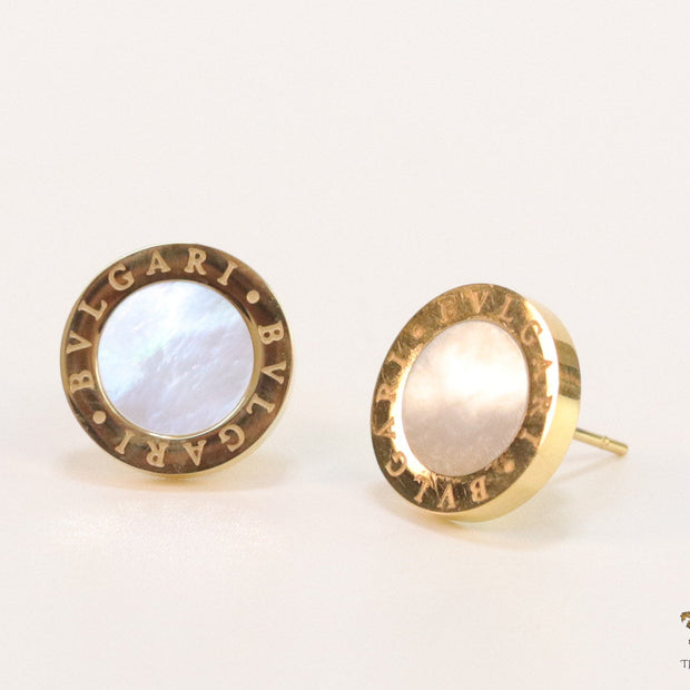Alphabet inscribed golden stud earrings with MOP