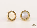 Alphabet inscribed golden stud earrings with MOP