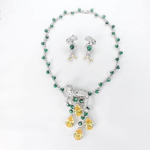 Emerald Vine Necklace with yellow topaz and panther motif in cz