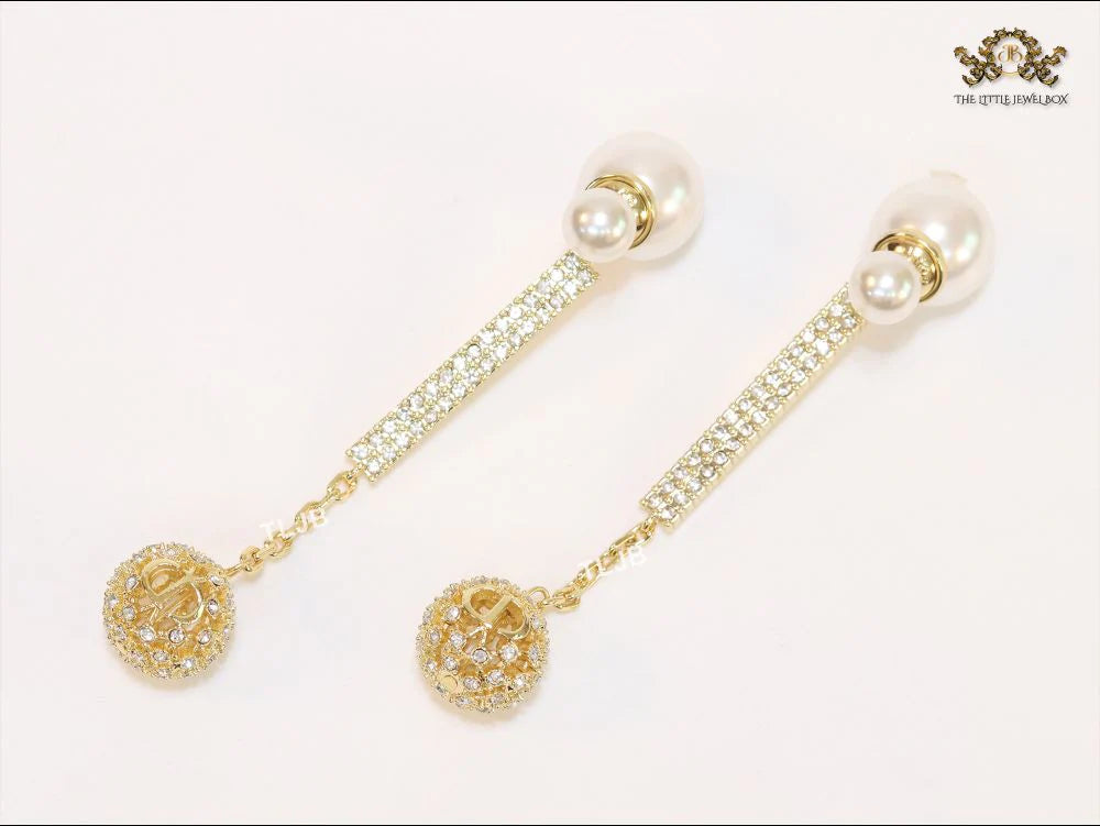Pearl and cz alphabet long chain bomber style dangles