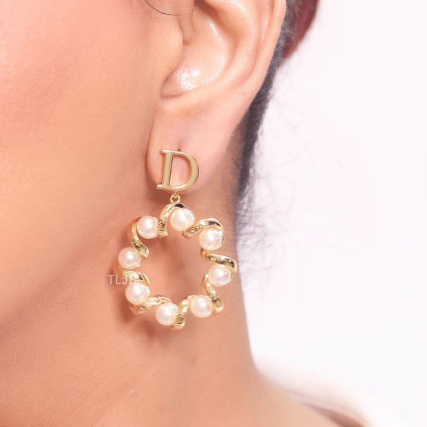 Alphabet D Dangling Pearl Studs