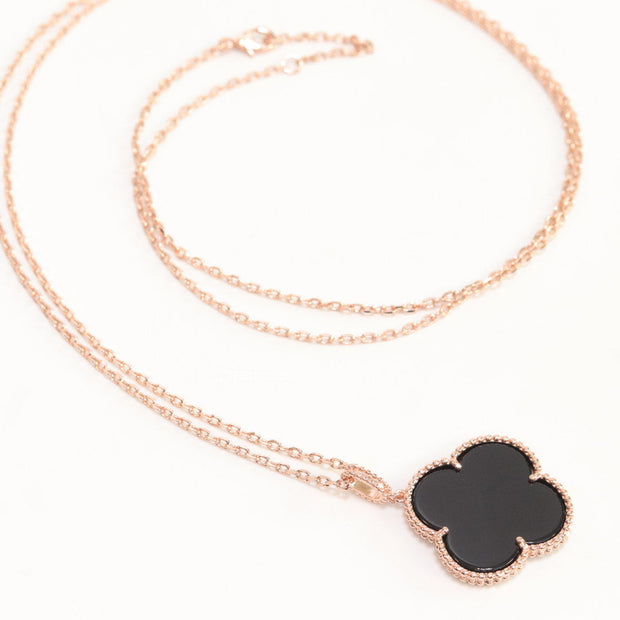Black enamel clover pendant in rose gold plated chain