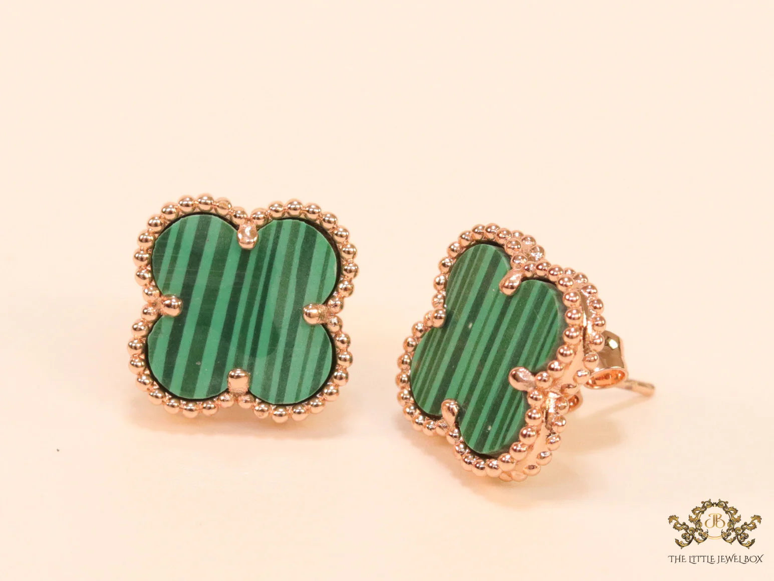 Malachite green clover stud earrings in rose gold finish