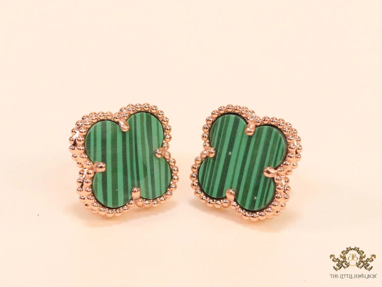 Malachite green clover stud earrings in rose gold finish