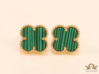 Malachite green clover stud earrings in gold finish