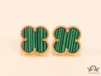 Malachite green clover stud earrings in gold finish