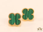 Malachite green clover stud earrings in gold finish