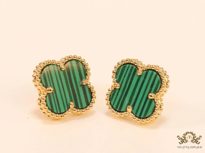Malachite green clover stud earrings in gold finish